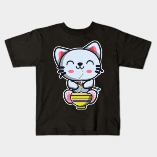 Cute Japanese Cat Eating Ramen Noodle Kawaii Cat for kids graphic Kids T-Shirt